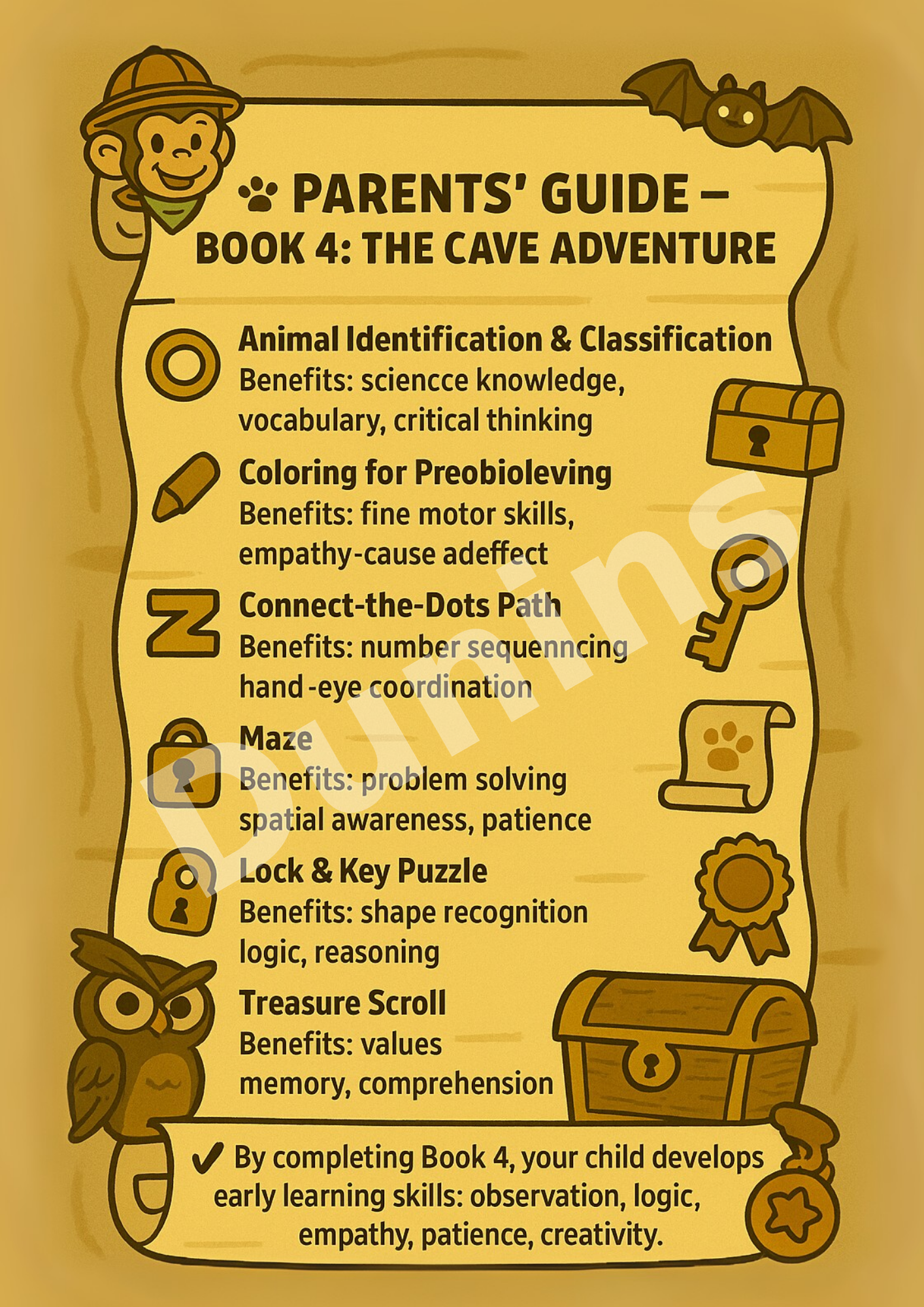 Book 4: The Cave Of Treasure Adventure | Preschool Animal Learning & Activity Book | Dunins