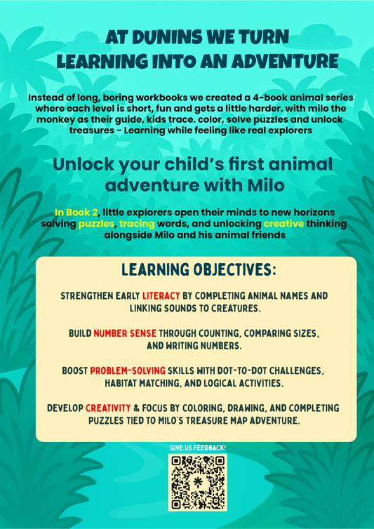 Book 2: The Lost Map adventure | Preschool Animal Learning & Activity Book | Dunins