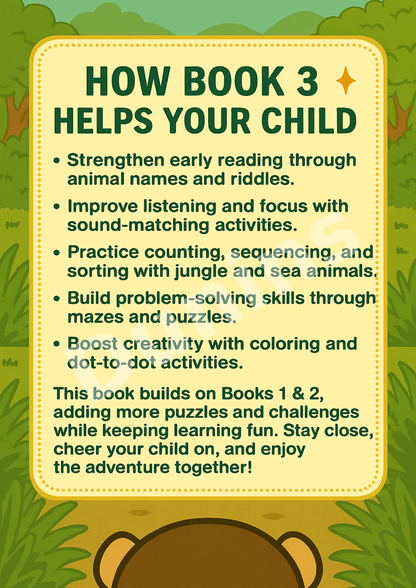 Book 3: The River Crossing Adventure | Preschool Animal Learning & Activity Book | Dunins