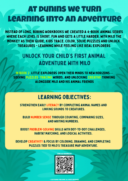 Book 2: The Lost Map Adventure  Animal Tracing & Coloring Workbook for Preschoolers | Dunins